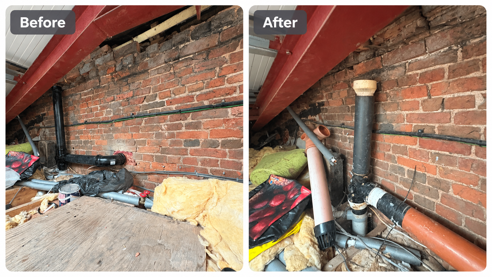 Before and after example of plumbing pipework repair