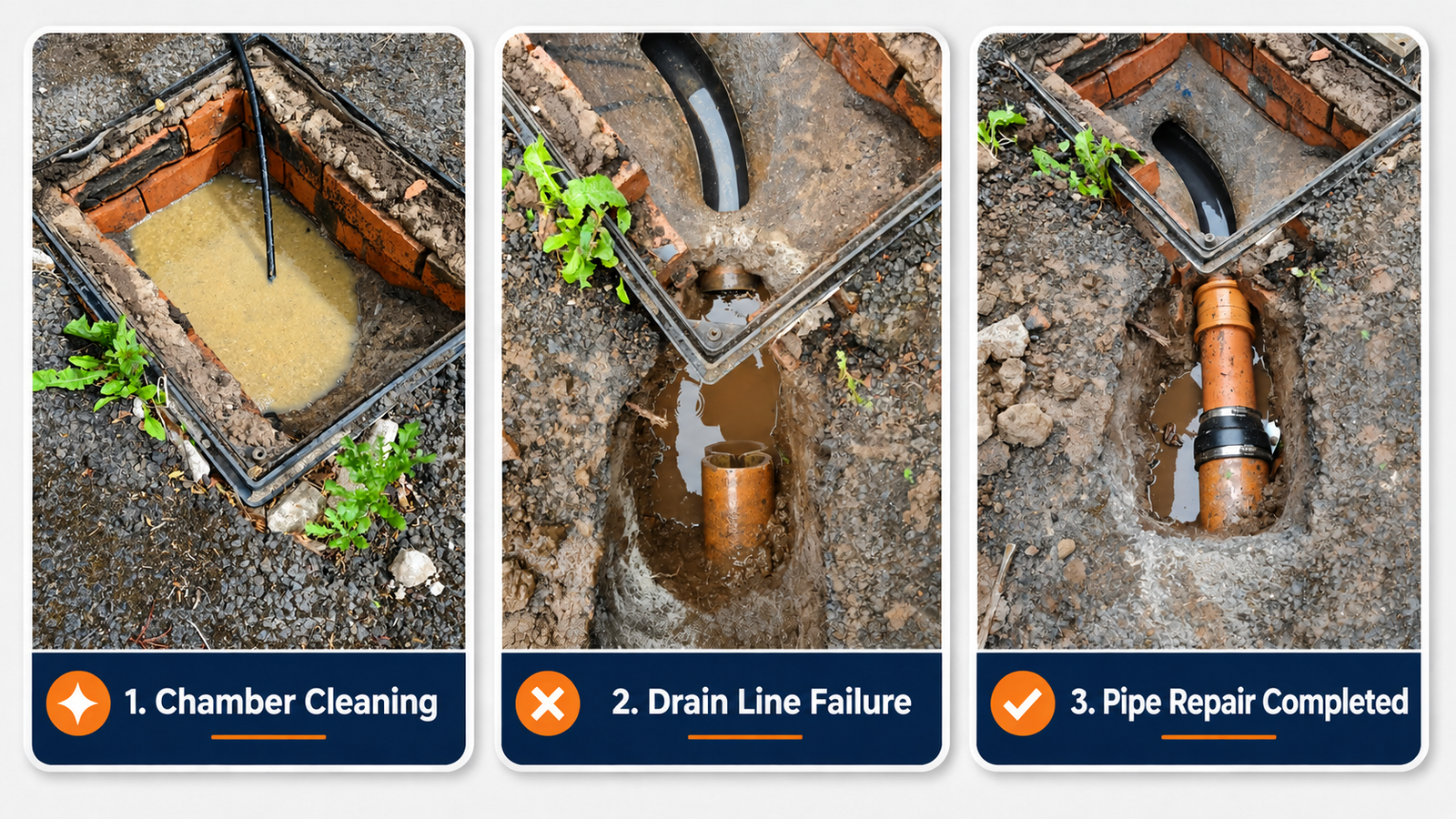 Drain chamber cleaning, drain line failure and completed pipe repair